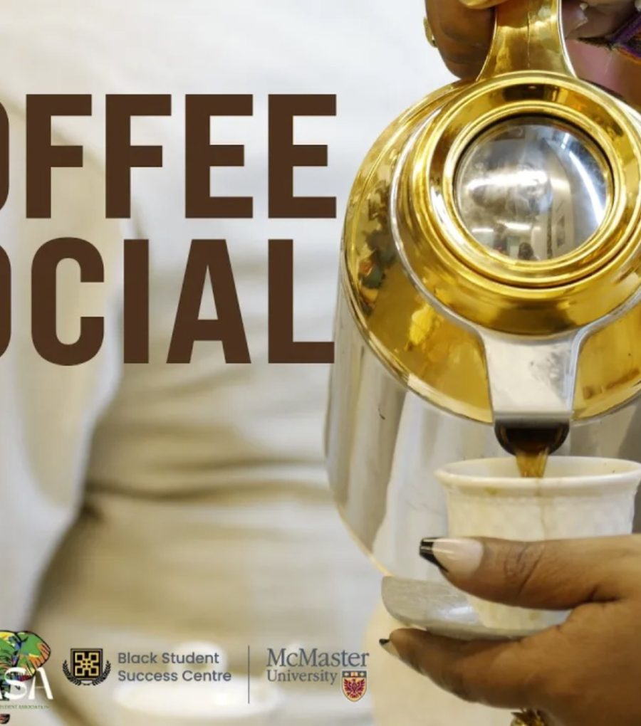 A hand pours coffee from a gold jebena into a small white cup at the Coffee Social, with the partner logos below.